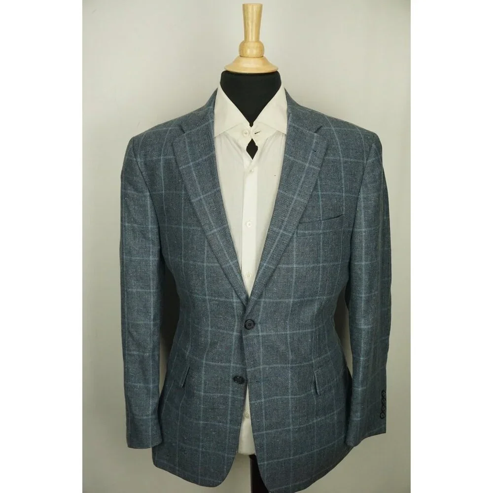 Jos A Bank Signature Collection Tailored Silk Linen Blue Plaid Sport Coat 42